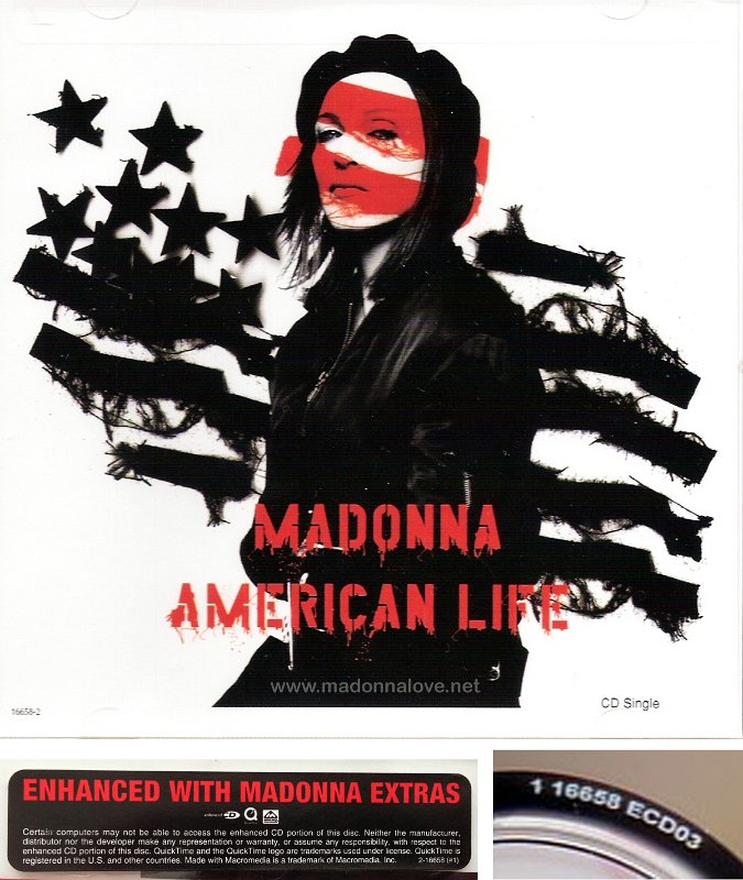 2003 American life  - CD maxi single compact disc (2-trk) - Cat.Nr. 16658-2 - USA (16658-2 on back of CD + Sticker on back 'Enhanced with Madonna extras')