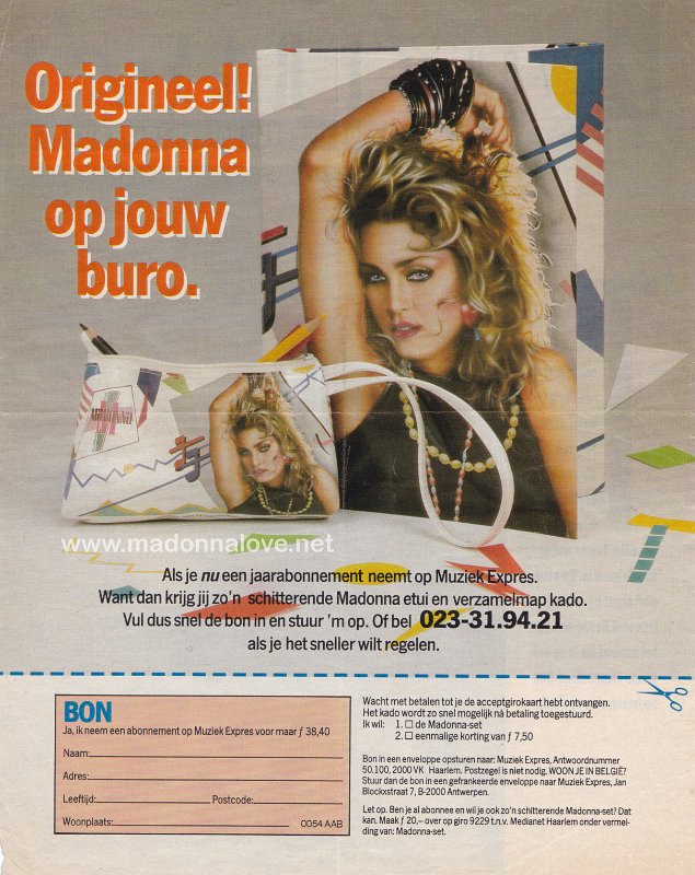 1985 - Unknown month - Muziek Expres - Holland - Origineel! Madonna op jouw bureau