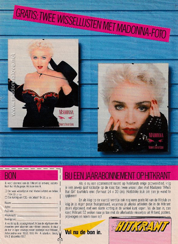 1987 - Unknown month - Hitkrant - Holland - Gratis twee wissellijsten met Madonna-foto