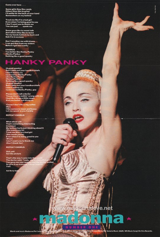 1990 - July - Number One - UK - Hanky Panky Madonna (2 x A4 lyrics poster)