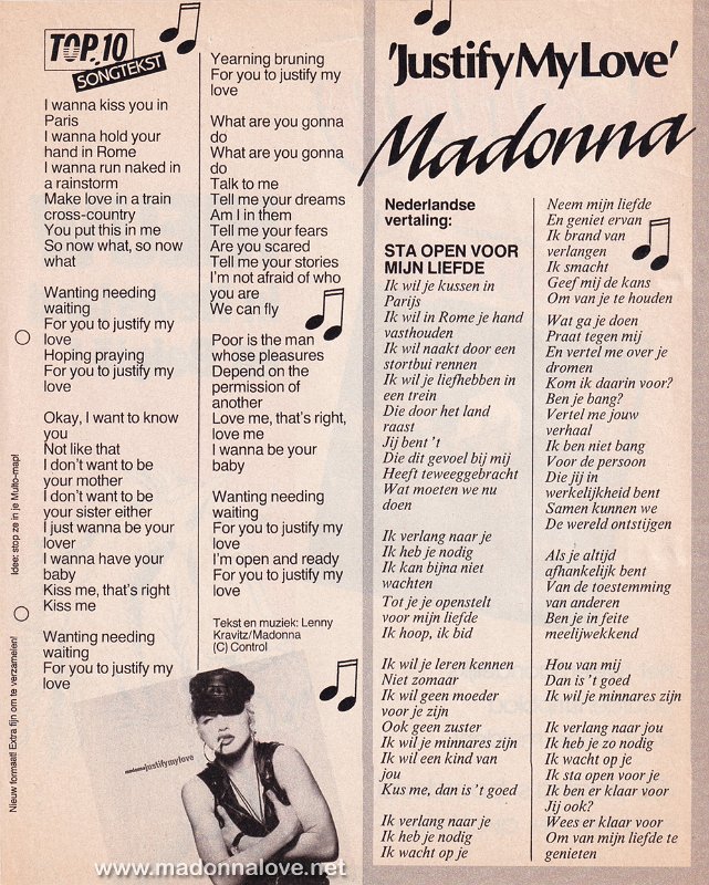 1990 - Unknown month - Top10 - Holland - Top10 songtekst - Madonna justify my love