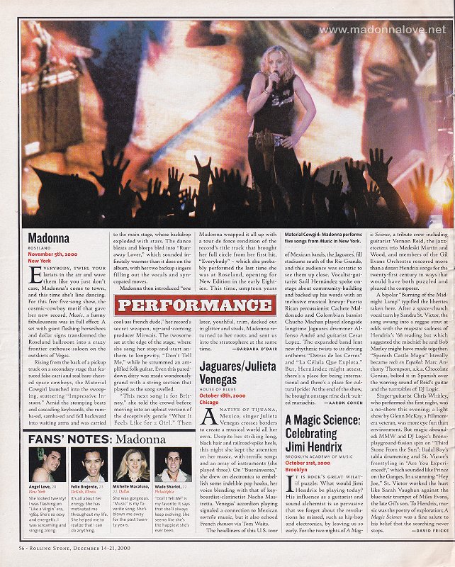 2000 - December - Rolling Stone - USA - Madonna Roseland Performance