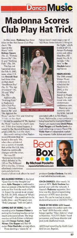 2003 - December - Billboard - USA - Madonna scores club play hat trick