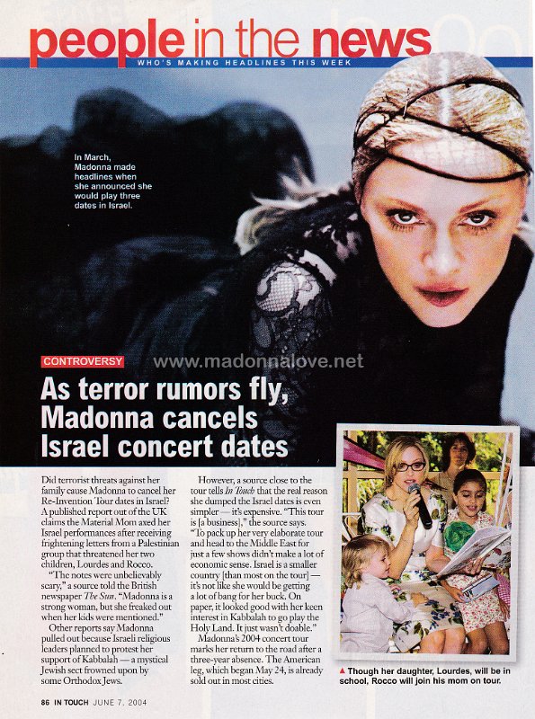 2004 - June - Intouch - USA - As terror rumors fly Madonna cancels Isreal concert dates