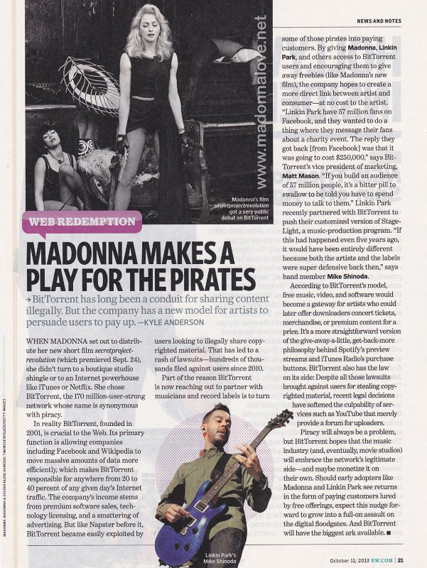 2013 - October - Entertainment weekly - USA - Madonna makes a play for the pirates