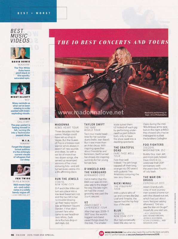 2015 - December - Entertainment weekly - USA - The 10 best concerts and tours