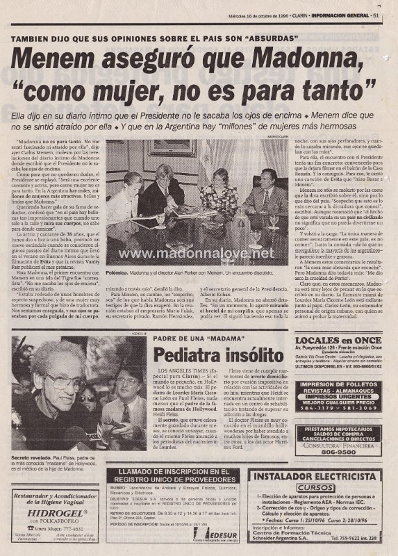 1996 - October - Clarin (Espectaculos) - Argentina - Menem aseguro que Madonna