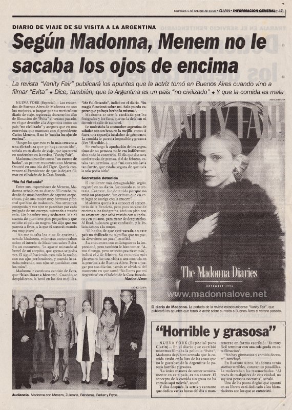 1996 - October - Clarin (Espectaculos) - Argentina - Segun Madonna menem no le sacaba los ojos de encima