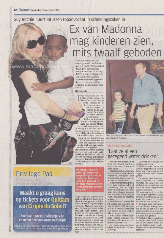 2008 - November - Het Nieuwsblad - Belgium - Ex van Madonna mag kinderen zien mits twaalf geboden