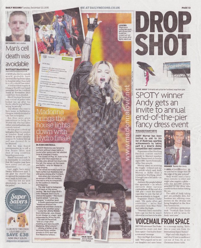 2015 -  December - Daily Record - Scotland - Madonna brings the house lights down with Hydro finale