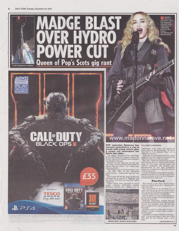 2015 -  December - Daily Star - UK - Madonna blast over hydro power cut