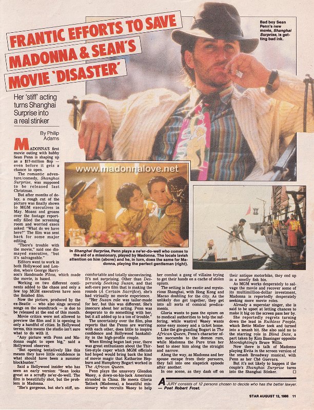 1986 - August - Star - USA - Frantic efforts to save Madonna & Sean's movie 'disaster'