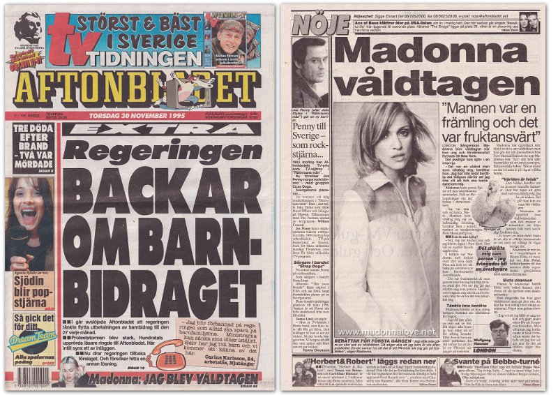 1995 - November - Aftonbladet - Sweden - Madonna valdtagen