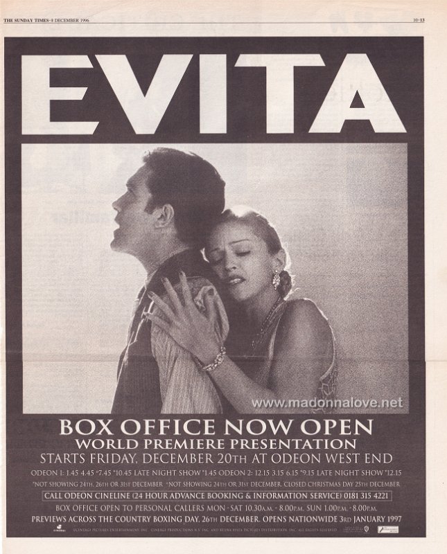 1996 - December - The Sunday Times - UK - Evita box office now open (Evita advertisement)