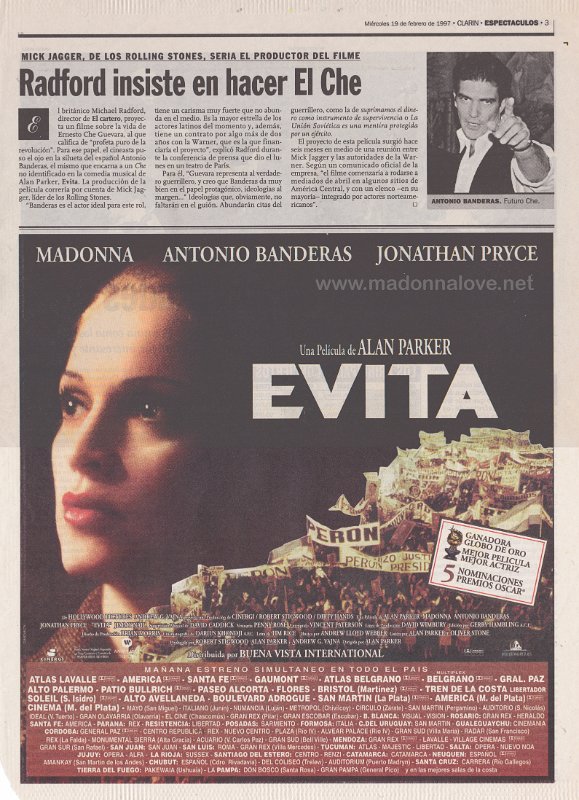 1997 - February - Espectaculos - Argentina - Radford insiste en hacer el che (+ Evita advertisement)