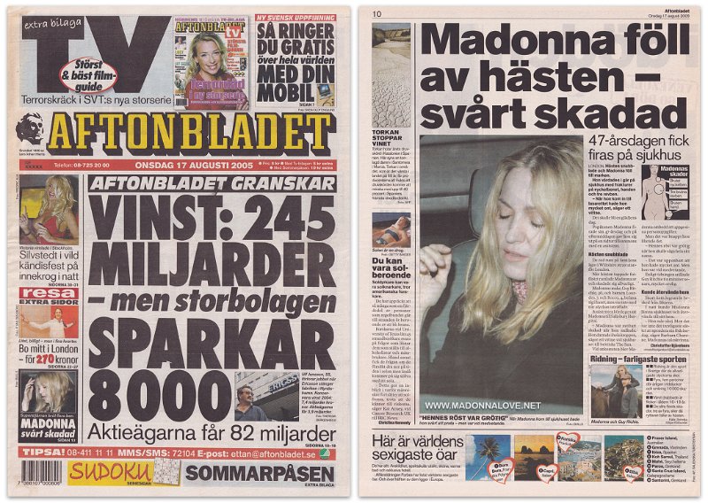 2005 - August - Aftonbladet - Sweden - Madonna foll av hasten - svart skadad