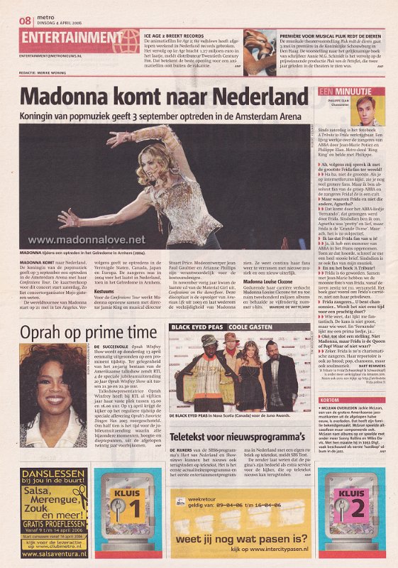 2006 - April - Metro - Holland - Madonna komt naar Nederland