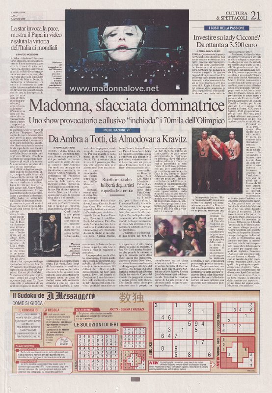 2006 - August - Il messaggero - Italy - Madonna sfacciata dominatrice