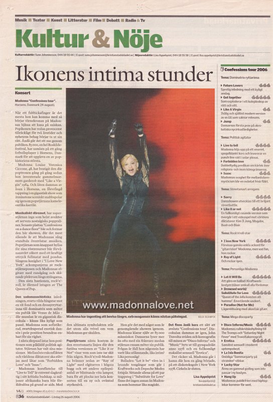 2006 - August - Kristianstadsbladet - Sweden - Ikonens intima stunder