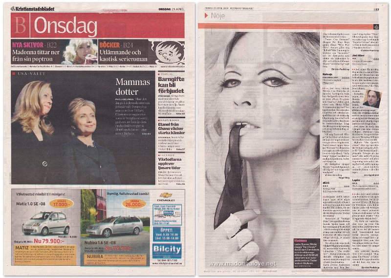 2008 - April - Kristianstadsbladet - Sweden - Madonna tittar ner fran sin poptron