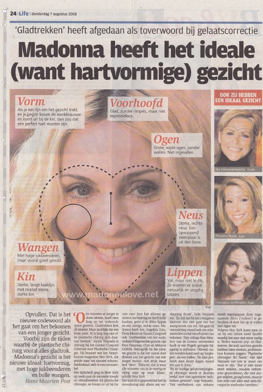 2008 - August - Het Nieuwsblad - Belgium - Madonna heeft het ideale (want hartvormige) gezicht