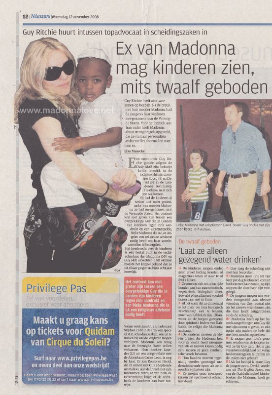 2008 - November - Het Nieuwsblad - Belgium - Ex van Madonna mag kinderen zien mits twaalf geboden