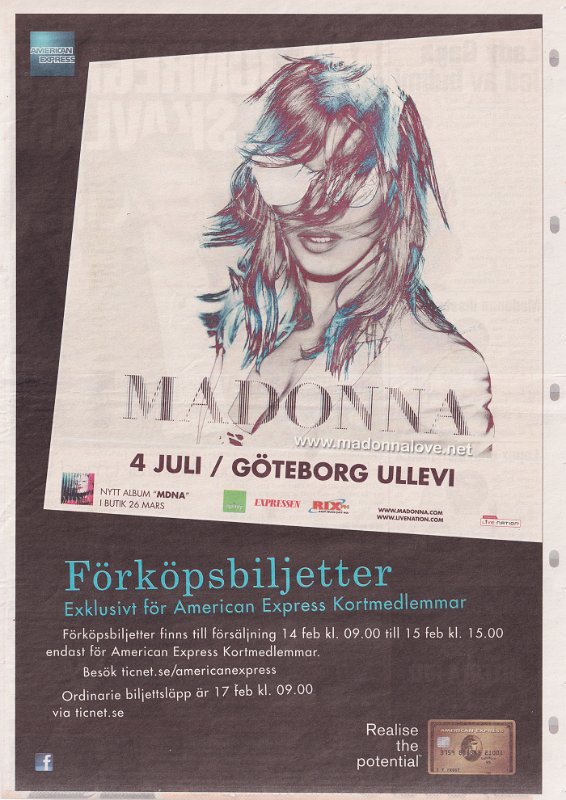 2012 - February - Expressen - Sweden - MDNA Tour American Express presale advertisement