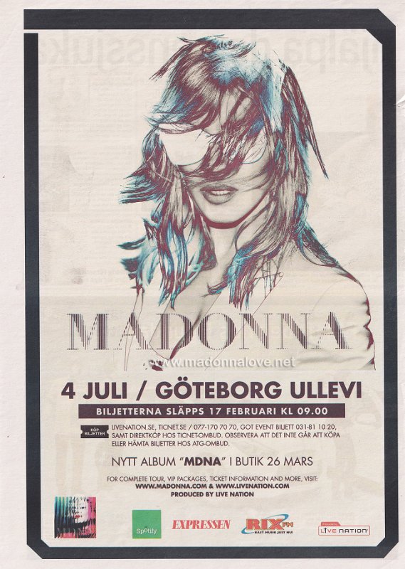 2012 - February - Expressen - Sweden - MDNA Tour Göteborg Ullevi advertisement