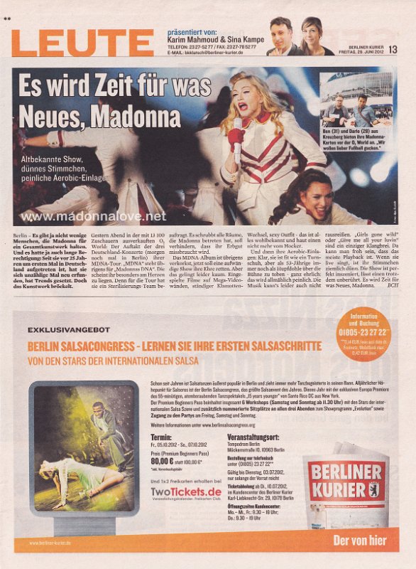 2012 - June - Berliner Kurier - Germany - Es wird zeit fur was neues Madonna