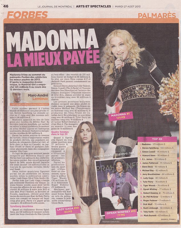 2013 - August - Le Journal de Montreal - Canada - Madonna la mieux payee