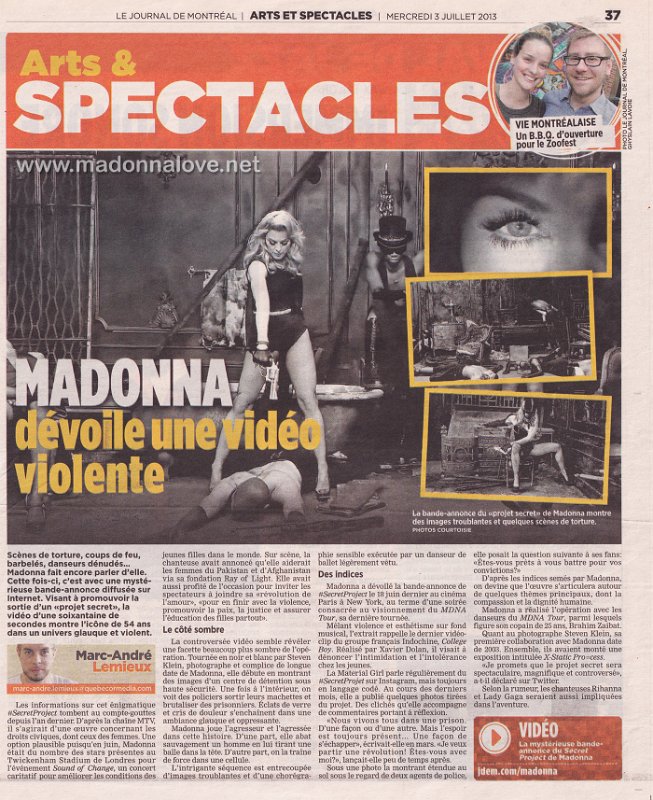2013 - July - Le Journal de Montreal - Madonna devoile une video violente