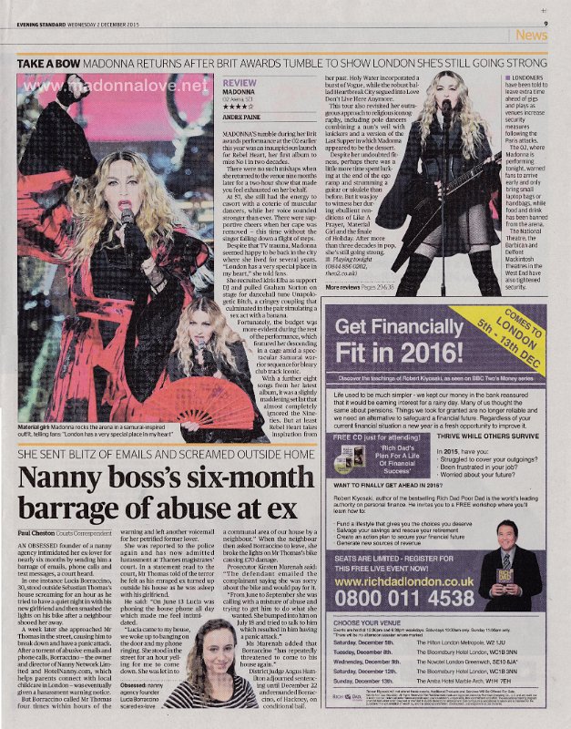 2015 - December - Evening standard - UK - Madonna returns after Brit awards tumble