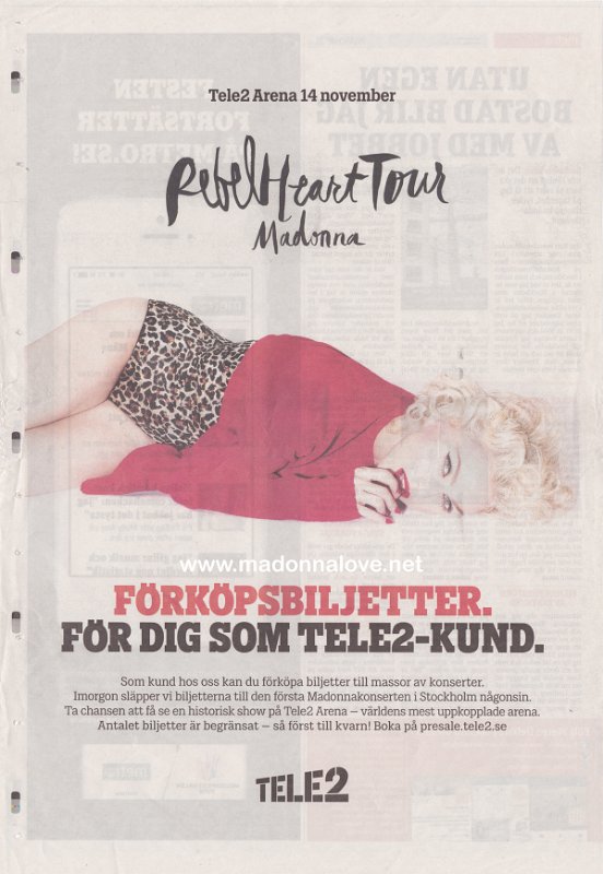 2015 - March - Metro - Sweden - Tele2 Arena 14 November RebelHeart tour Madonna (tour advertisement)