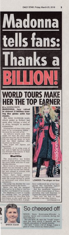 2016 - March - Daily Star - UK - Madonna tells fans- Thanks a billion!