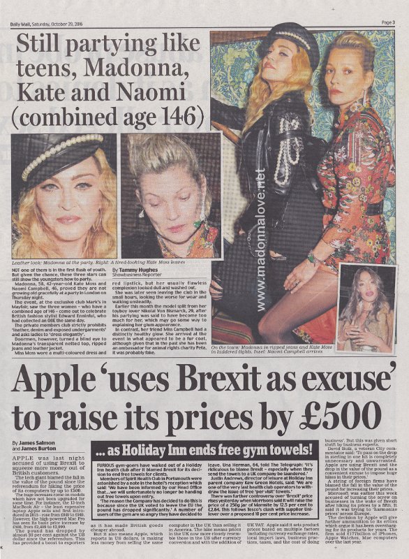 2016 - October - Daily Mail - UK - Still partying like teens Madonna Kate and Naomi