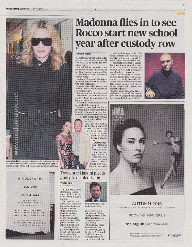 2016 - September - Evening Standard - UK - Madonna flies in to see Rocco start new school year after custody row