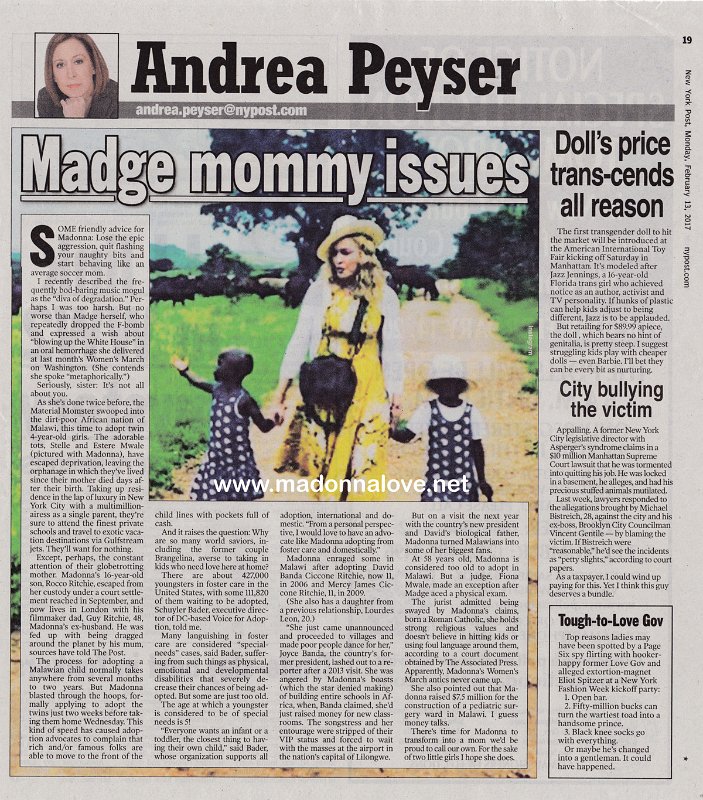 2017 - February - New York Post - USA - Madge mommy issues