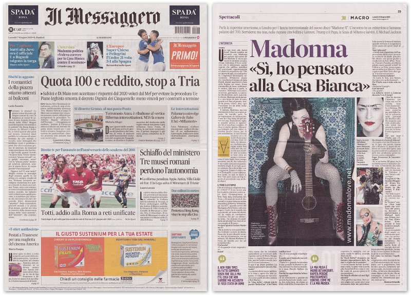 2019 - June - Il messaggero - Italy - Madonna Si - ho pensato alla Casa Bianca