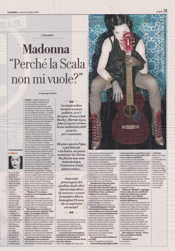 2019 - June - La Repubblica - Italy - Madonna Perche la Scala non mi vuole