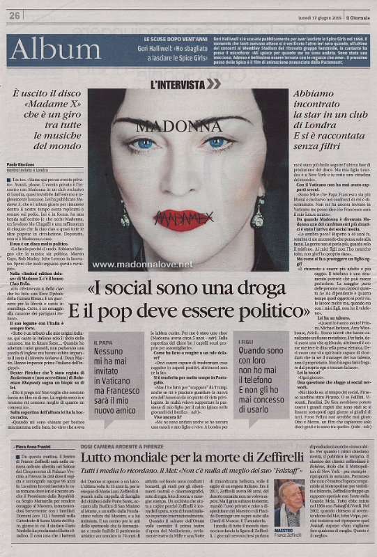 2019 - June - il Giornale - Italy - I social sono una droga E il pop deve essere politico