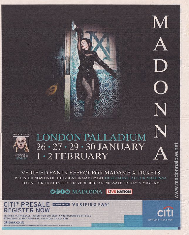 2019 - May - Metro - UK - Madonna London Palladium advertisement (1-page)