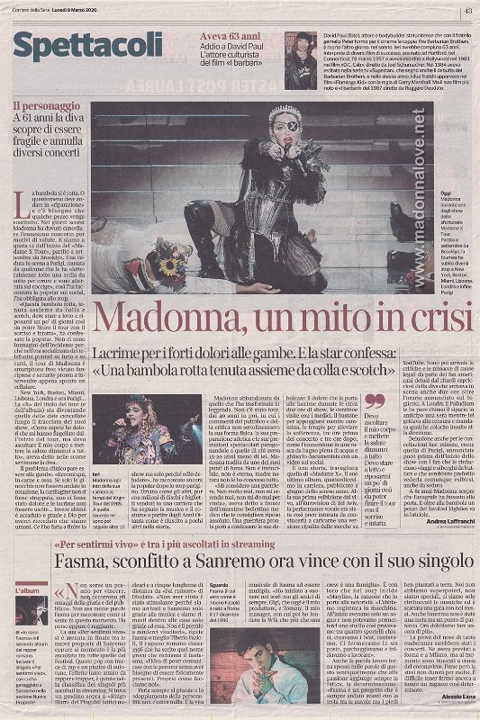 2020 - March - Corriere della sera - Madonna un mito in crisi - Italy