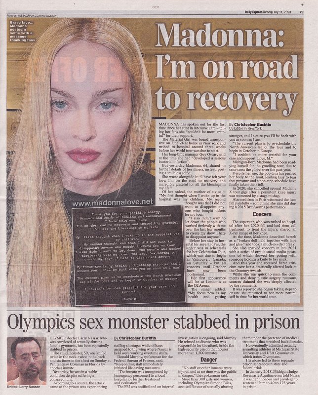 2023 - July - Daily Express - Madonna - I'm on the road to recovery - UK