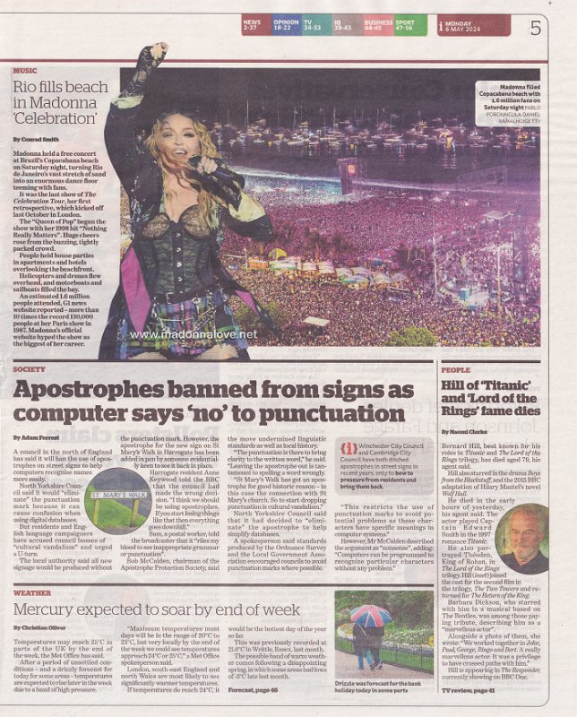 2024 - May - i Newspaper - Rio fills beach in Madonna celebration - UK