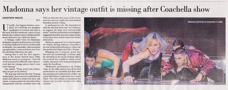 2026 - April - Bangkok post - Madonna says her vintage outfit is missing after Coachella show - Thailand
